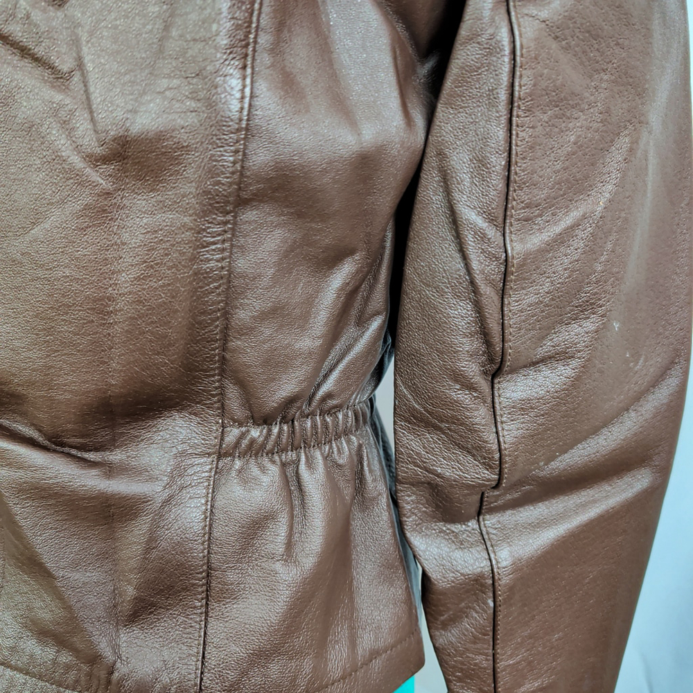 Vintage Ladies' Scrunch Waist Brown Leather Jacket 4 - Picture 5 of 8